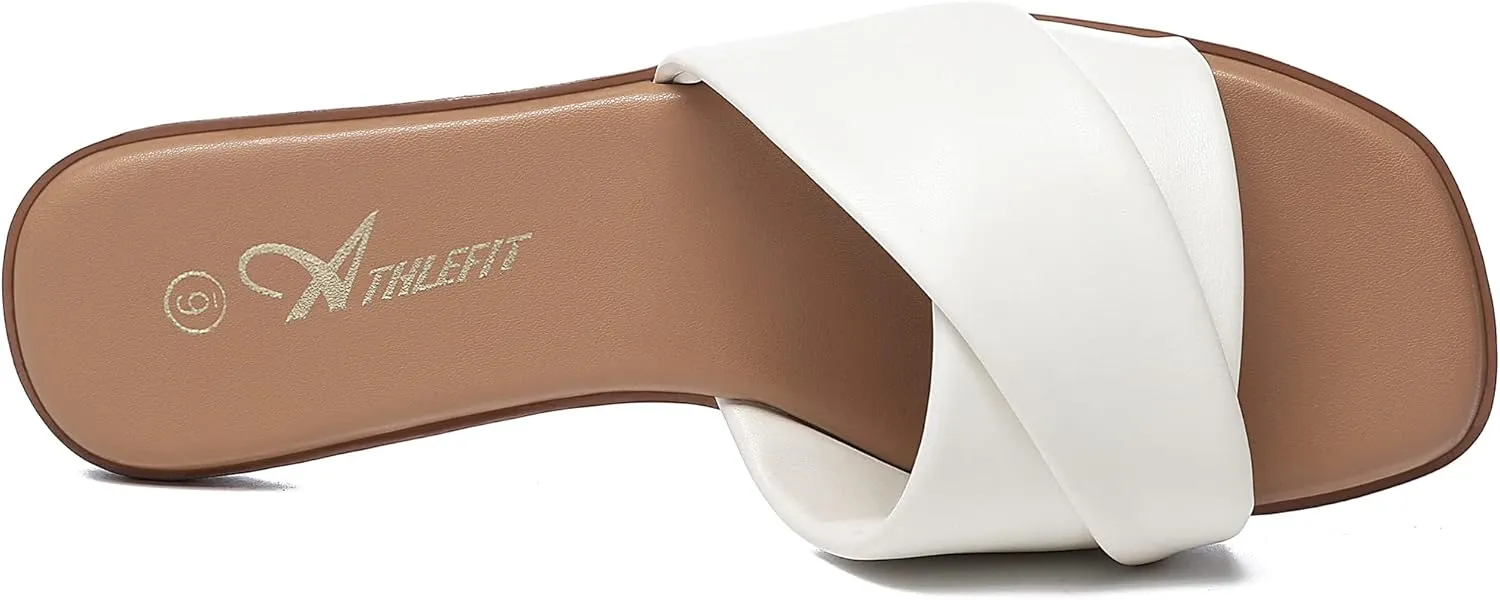 Athlefit Women's Summer Flat Sandals Slip On Square Toe Soft Leather Slide Sandals