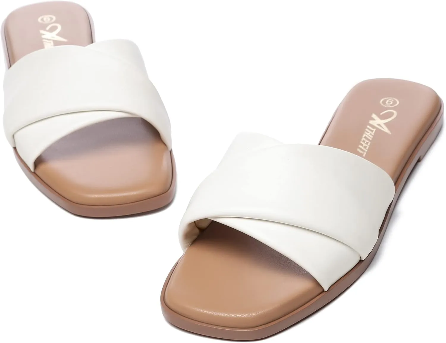 Athlefit Women's Summer Flat Sandals Slip On Square Toe Soft Leather Slide Sandals