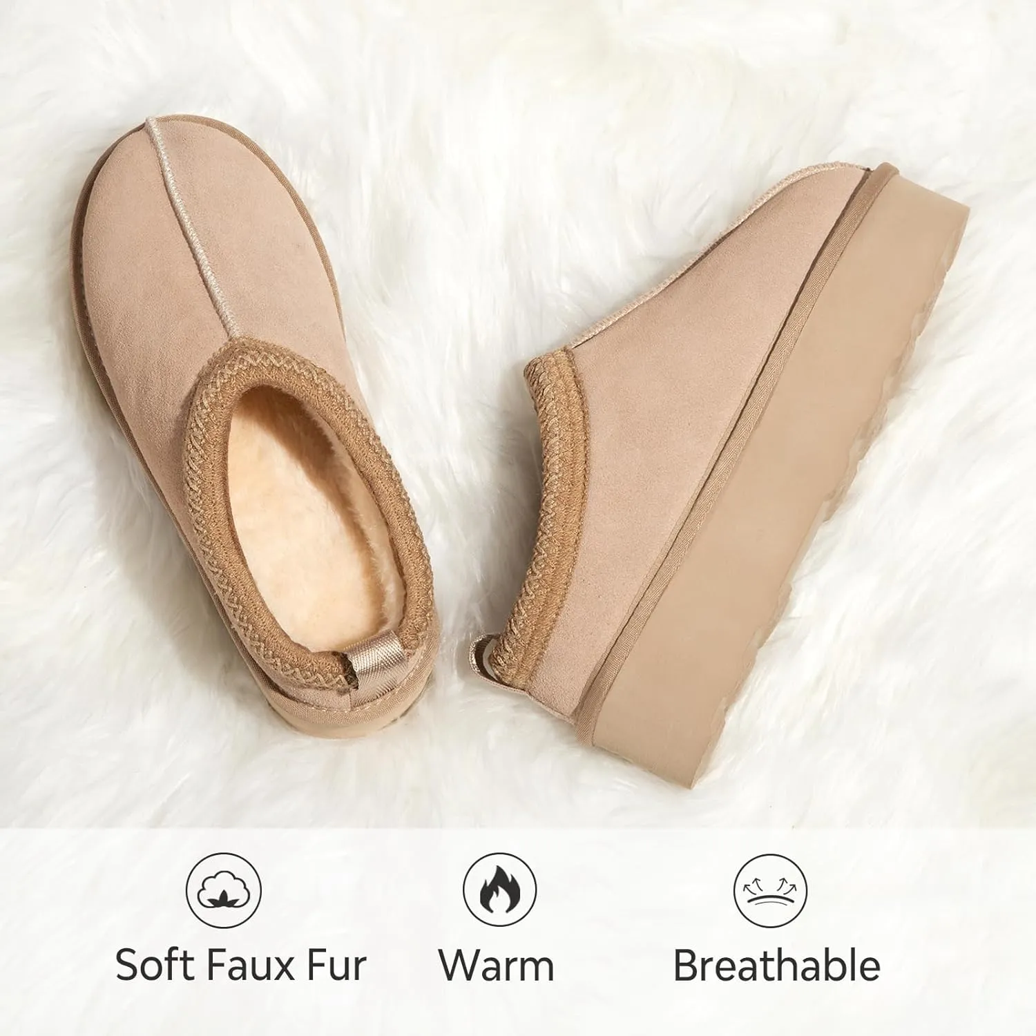 ATHMILE Womens Slippers Platform Mini Boots Slippers for Women Short Ankle Boots Tasman Slippers Suede Upper Fur Fleece Lined for Outdoor
