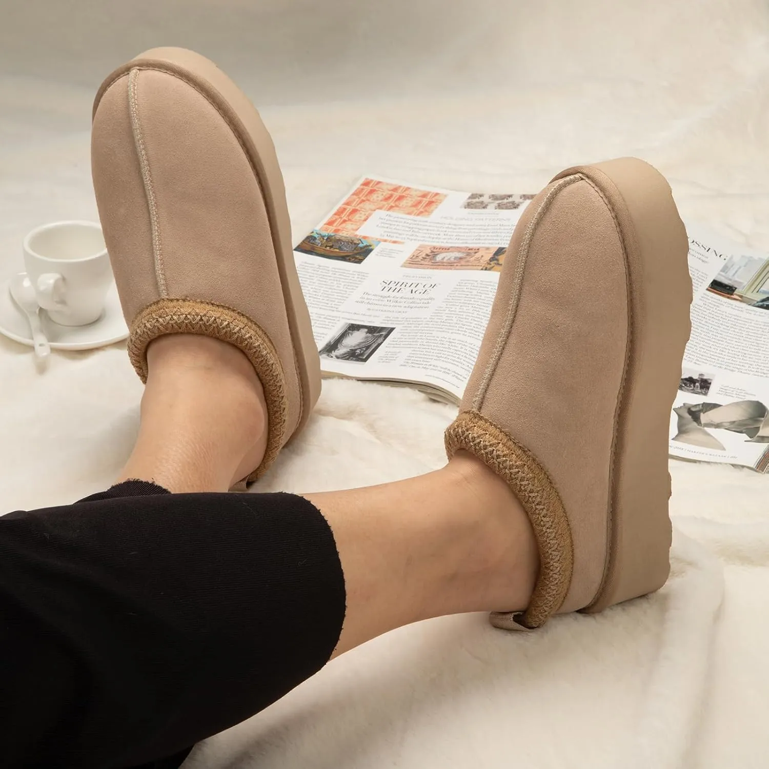 ATHMILE Womens Slippers Platform Mini Boots Slippers for Women Short Ankle Boots Tasman Slippers Suede Upper Fur Fleece Lined for Outdoor