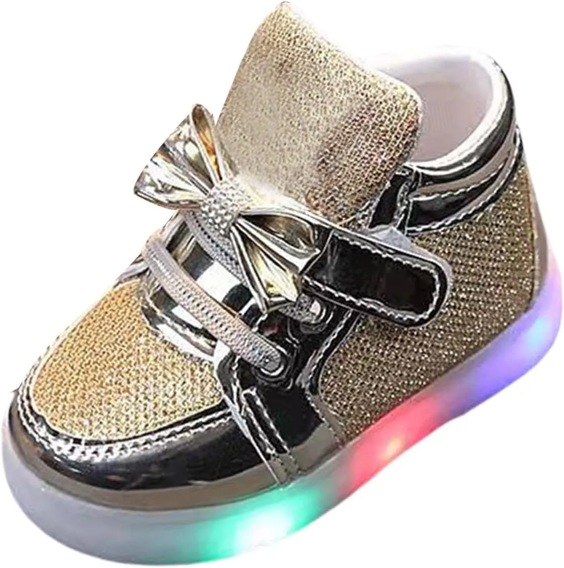 Baby Girls Glitter Light Up Sneaker Toddler Soft Sole Led Bow Loafers Fashion Infant Sport First Walking Flat Shoes