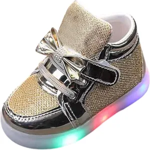 Baby Girls Glitter Light Up Sneaker Toddler Soft Sole Led Bow Loafers Fashion Infant Sport First Walking Flat Shoes