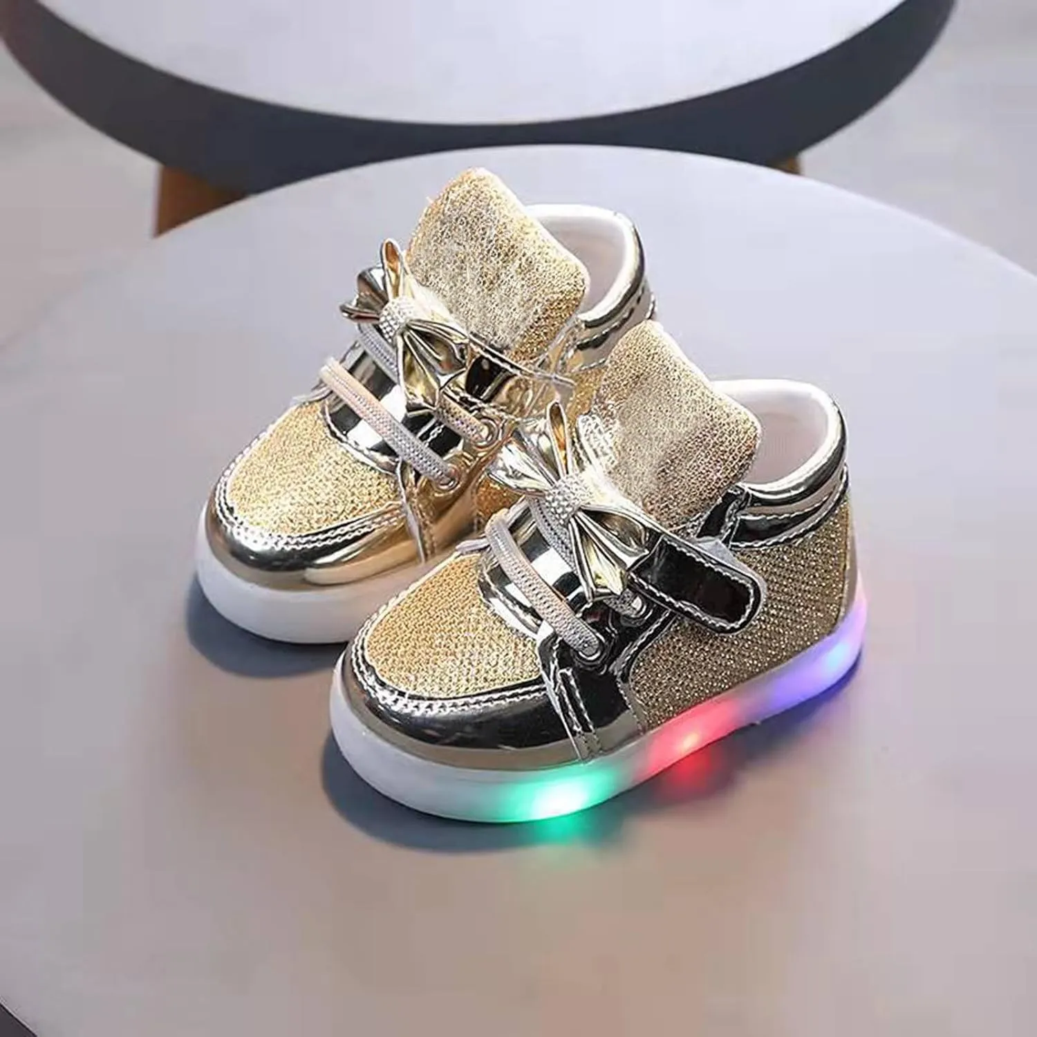 Baby Girls Glitter Light Up Sneaker Toddler Soft Sole Led Bow Loafers Fashion Infant Sport First Walking Flat Shoes