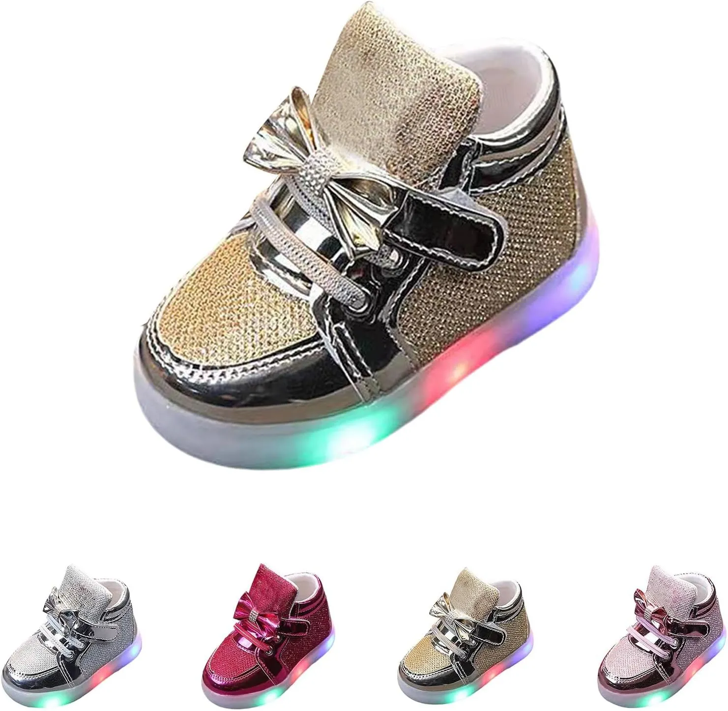 Baby Girls Glitter Light Up Sneaker Toddler Soft Sole Led Bow Loafers Fashion Infant Sport First Walking Flat Shoes