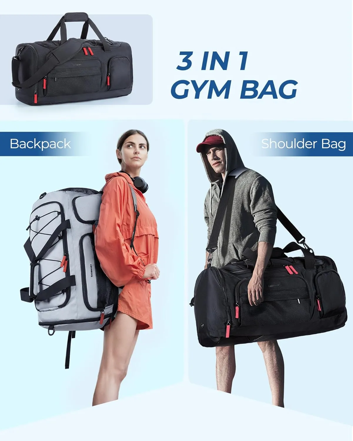 BAGSMART Large Gym Bag for Women & Men, 63L Sports Travel Duffel Bag with 15.6" Laptop Compartment，Carry On Weekender Bag for Airplane,Workout Overnight Backpack for Travel,Black