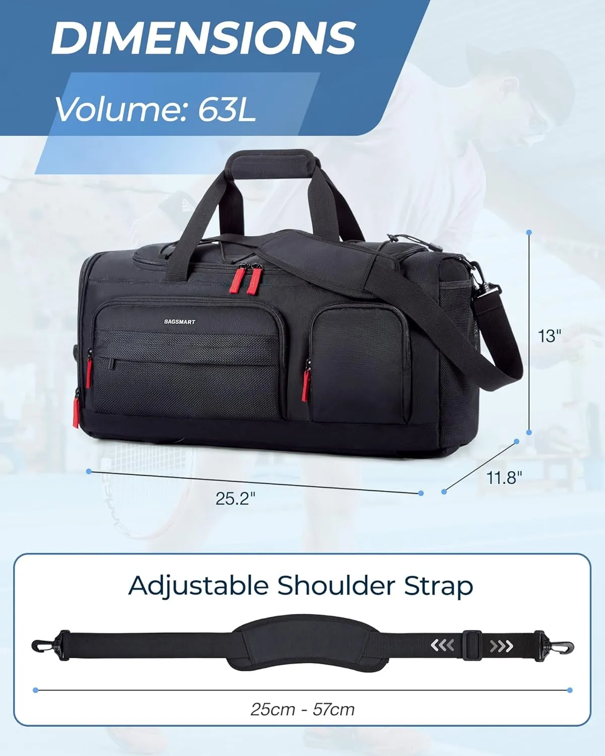 BAGSMART Large Gym Bag for Women & Men, 63L Sports Travel Duffel Bag with 15.6" Laptop Compartment，Carry On Weekender Bag for Airplane,Workout Overnight Backpack for Travel,Black