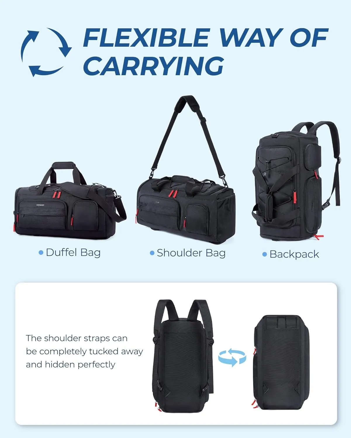 BAGSMART Large Gym Bag for Women & Men, 63L Sports Travel Duffel Bag with 15.6" Laptop Compartment，Carry On Weekender Bag for Airplane,Workout Overnight Backpack for Travel,Black