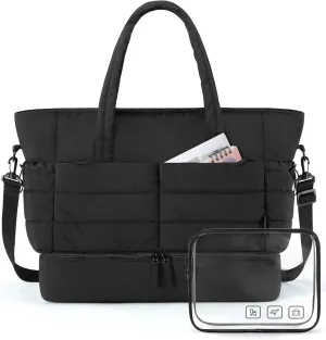 BAGSMART Large Travel Duffel Bag with Shoe Compartment, Puffer Carry-On Gym Weekender Bag for Women, Black