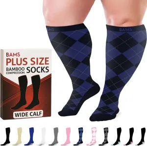 BAMS Plus Size Compression Socks Wide Calf XL XXL XXXL – Graduated Knee-High Support, Viscose from Bamboo Easy-On/Easy-Off