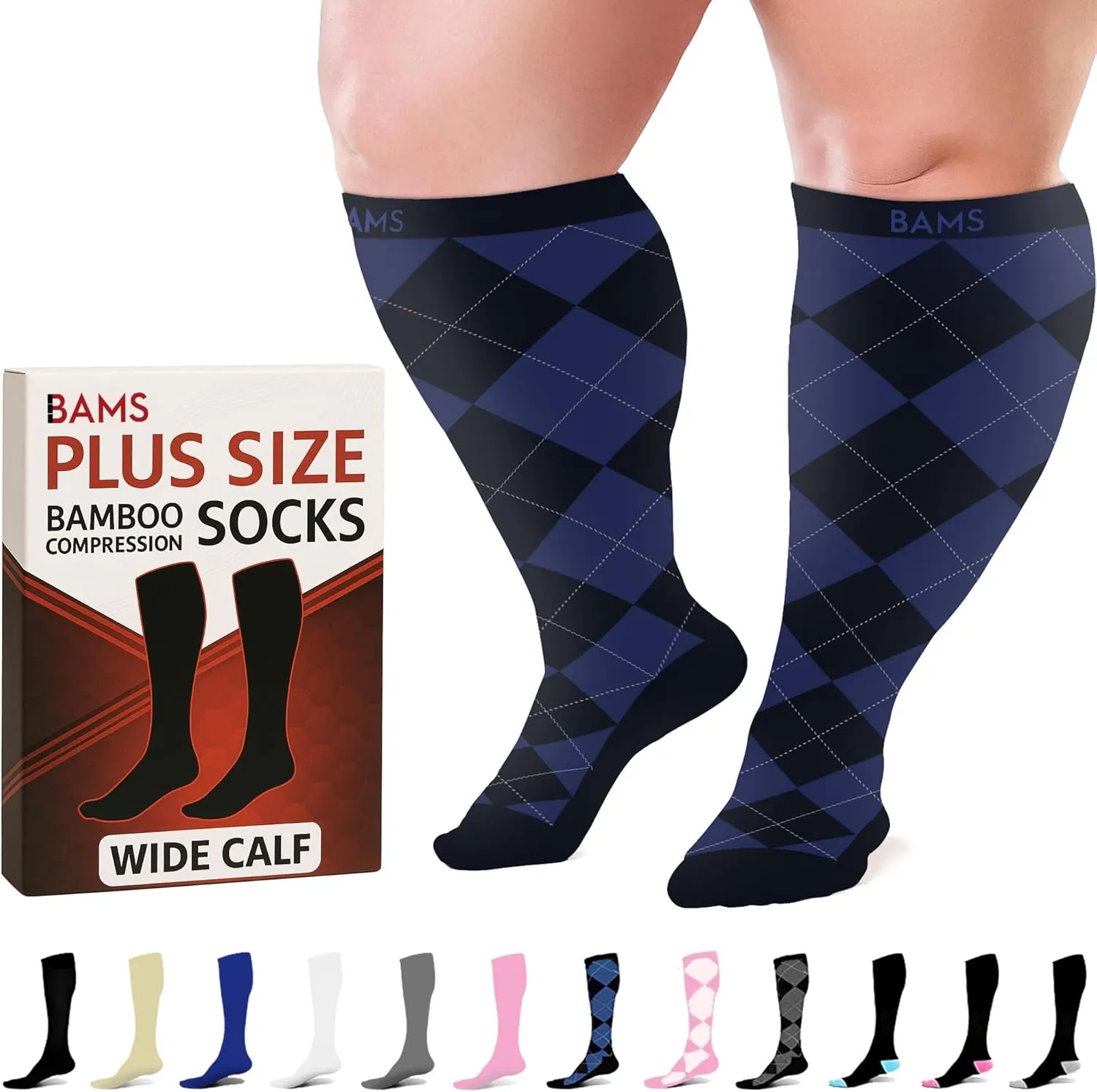 BAMS Plus Size Compression Socks Wide Calf XL XXL XXXL – Graduated Knee-High Support, Viscose from Bamboo Easy-On/Easy-Off
