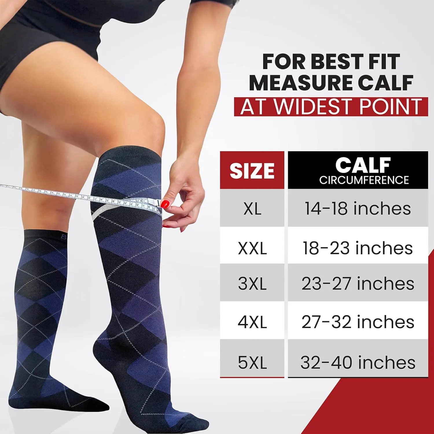 BAMS Plus Size Compression Socks Wide Calf XL XXL XXXL – Graduated Knee-High Support, Viscose from Bamboo Easy-On/Easy-Off