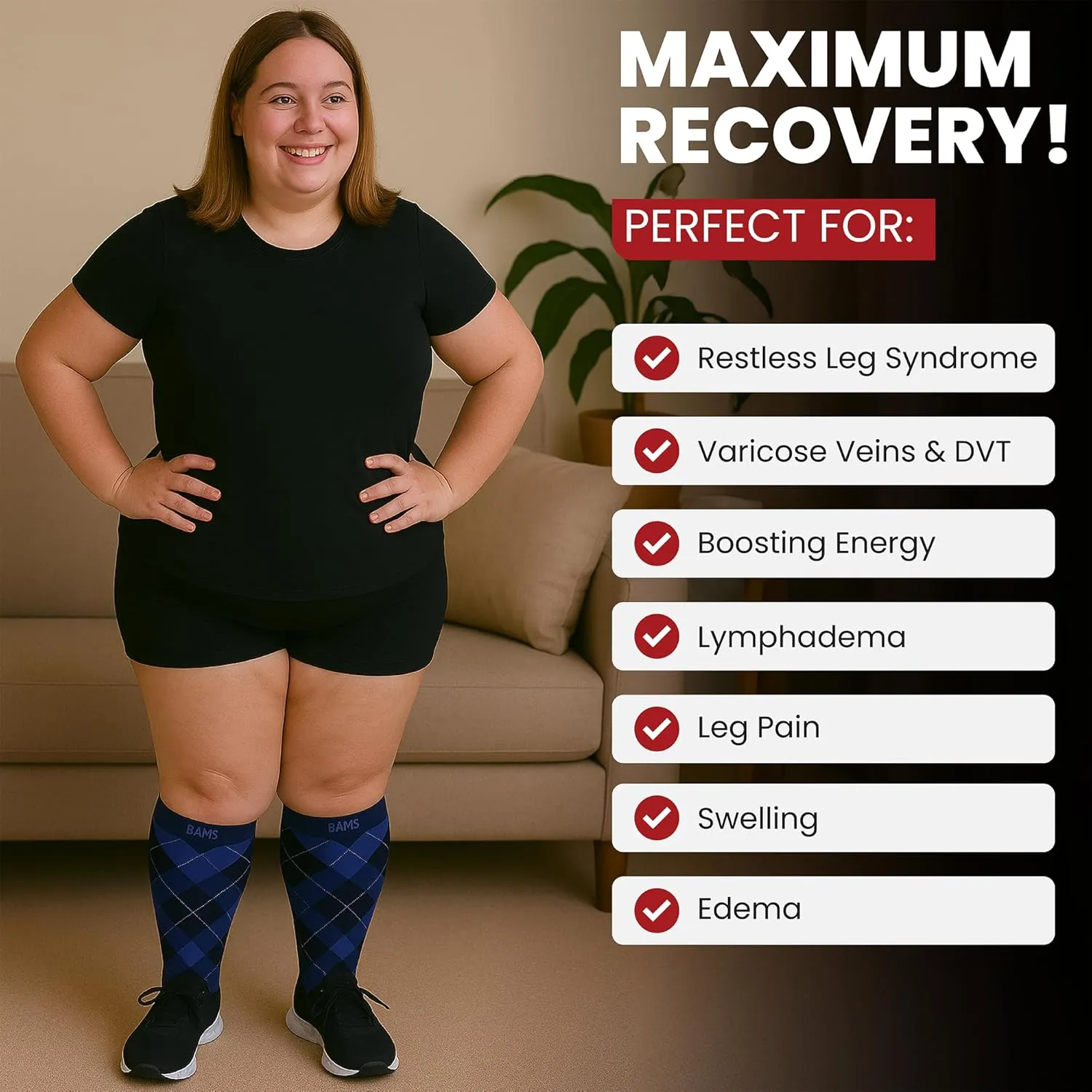 BAMS Plus Size Compression Socks Wide Calf XL XXL XXXL – Graduated Knee-High Support, Viscose from Bamboo Easy-On/Easy-Off
