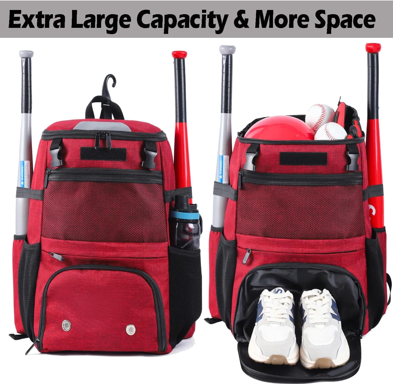 Baseball Backpack, Softball bag & T-Ball with Shoes Compartment for Youth, Boys and Adult, Lightweight Baseball Bag with Fence Hook Hold TBall Bat, Batting Mitten, Helmet, Caps, Teeball Gear