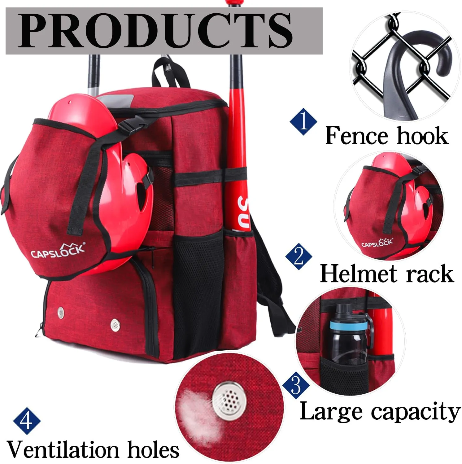 Baseball Backpack, Softball bag & T-Ball with Shoes Compartment for Youth, Boys and Adult, Lightweight Baseball Bag with Fence Hook Hold TBall Bat, Batting Mitten, Helmet, Caps, Teeball Gear
