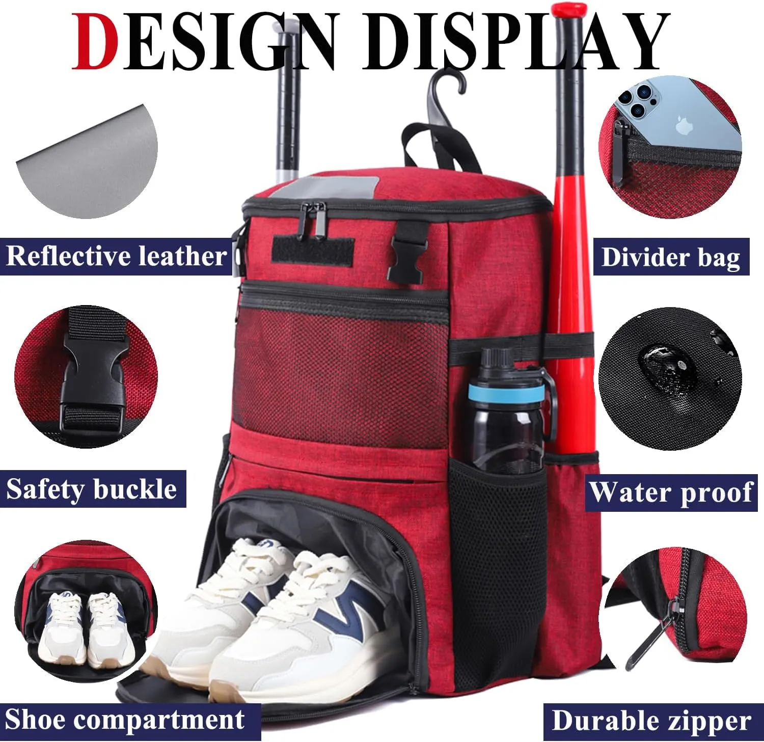 Baseball Backpack, Softball bag & T-Ball with Shoes Compartment for Youth, Boys and Adult, Lightweight Baseball Bag with Fence Hook Hold TBall Bat, Batting Mitten, Helmet, Caps, Teeball Gear