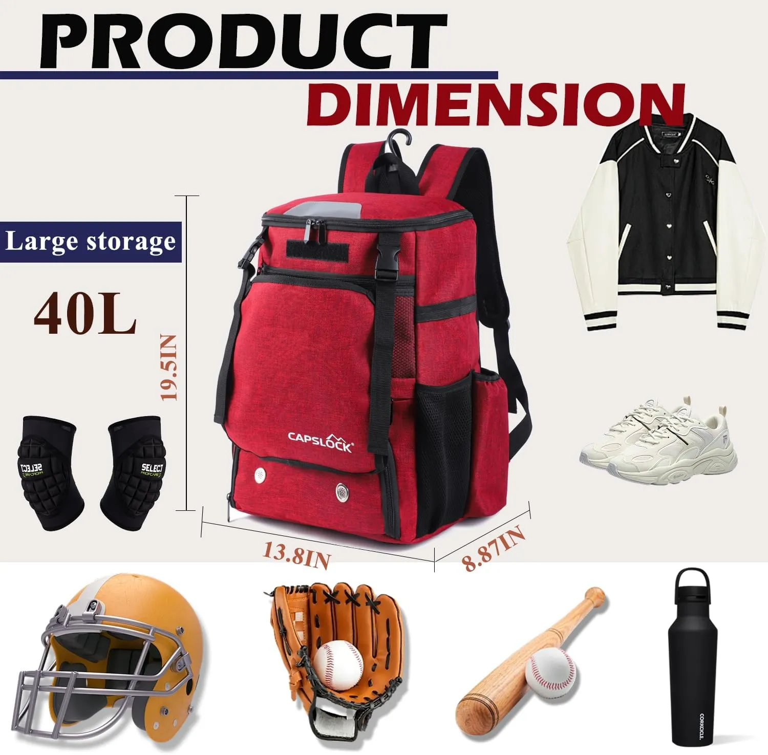 Baseball Backpack, Softball bag & T-Ball with Shoes Compartment for Youth, Boys and Adult, Lightweight Baseball Bag with Fence Hook Hold TBall Bat, Batting Mitten, Helmet, Caps, Teeball Gear