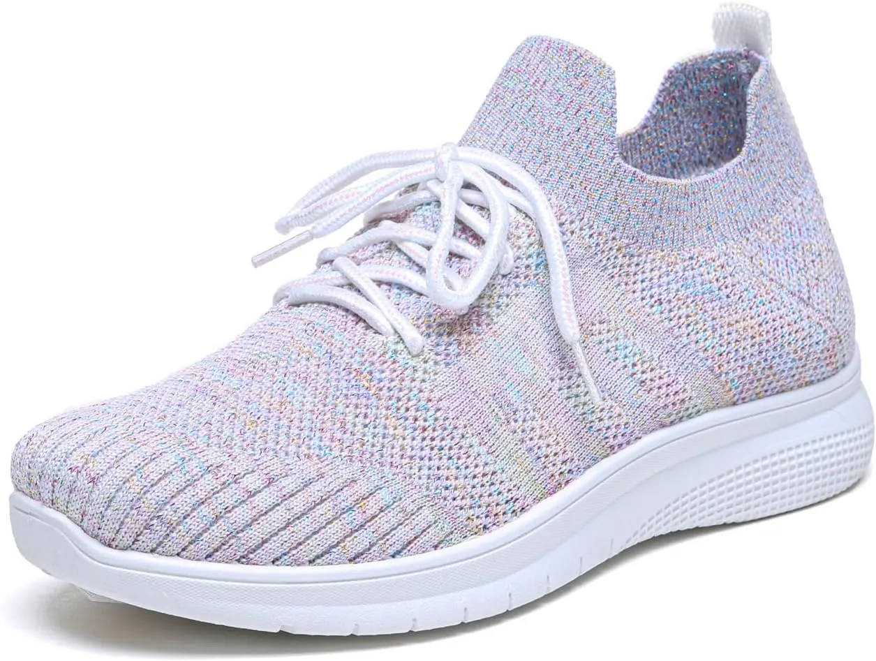Bernal Women Sparkle Walking Tennis Shoes Casual Lace-Up Non Slip Breathable Mesh Working Sneakers Gym Workout Shoes