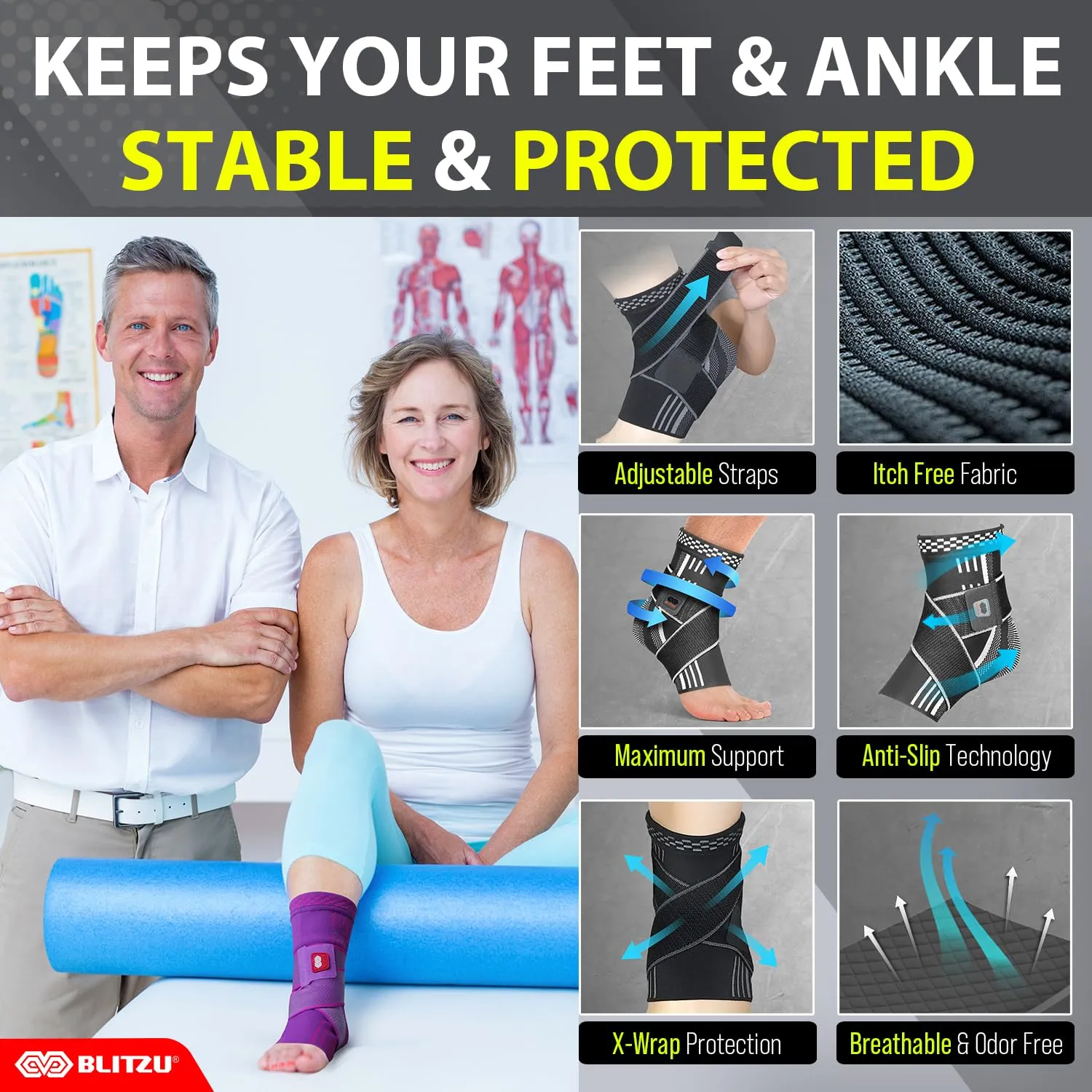 BLITZU Ankle Brace for Women, Men, Plantar Fasciitis Relief, Achilles Tendonitis Brace for Sprained Foot, Ankle Compression Sleeve with Strap Pink S