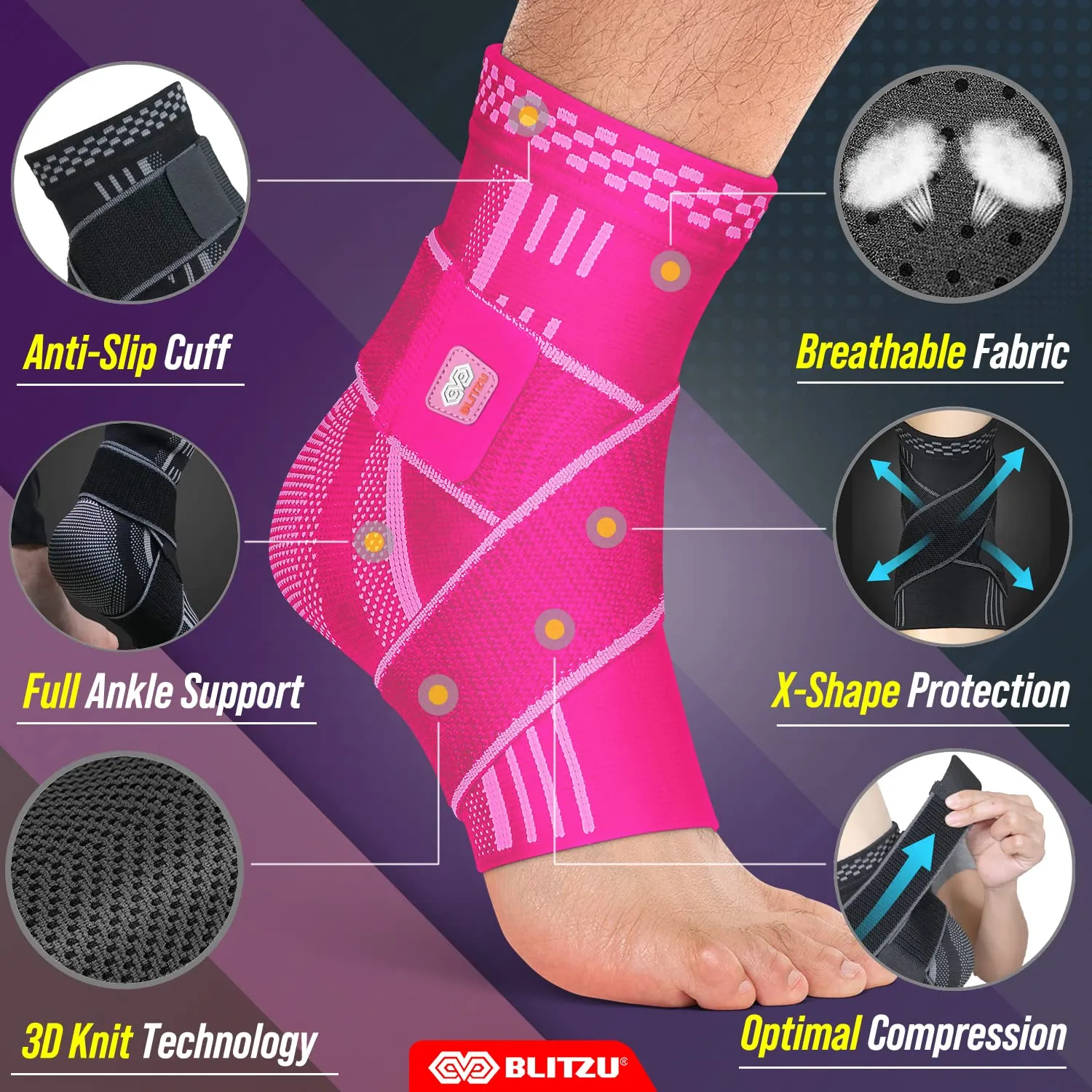 BLITZU Ankle Brace for Women, Men, Plantar Fasciitis Relief, Achilles Tendonitis Brace for Sprained Foot, Ankle Compression Sleeve with Strap Pink S