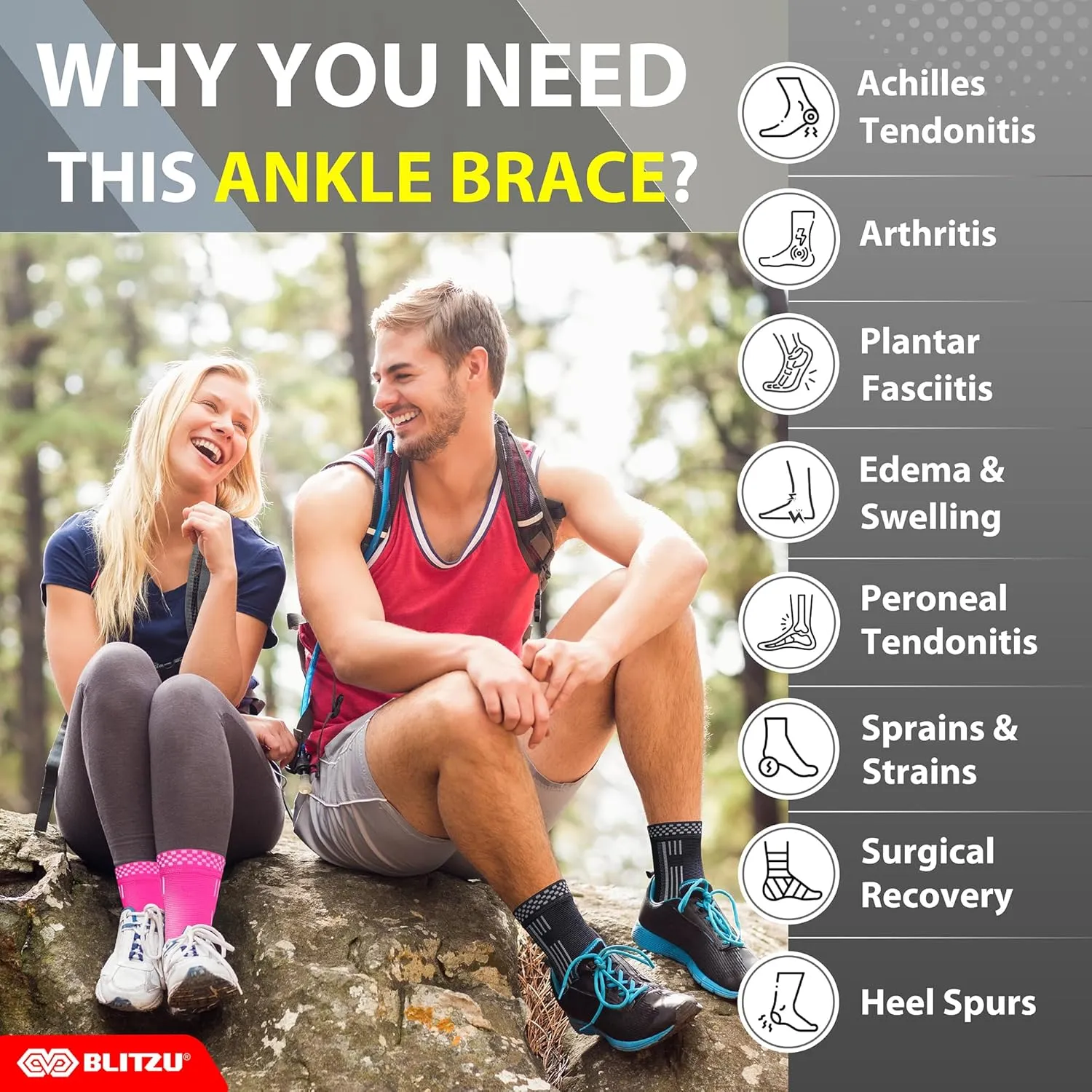 BLITZU Ankle Brace for Women, Men, Plantar Fasciitis Relief, Achilles Tendonitis Brace for Sprained Foot, Ankle Compression Sleeve with Strap Pink S