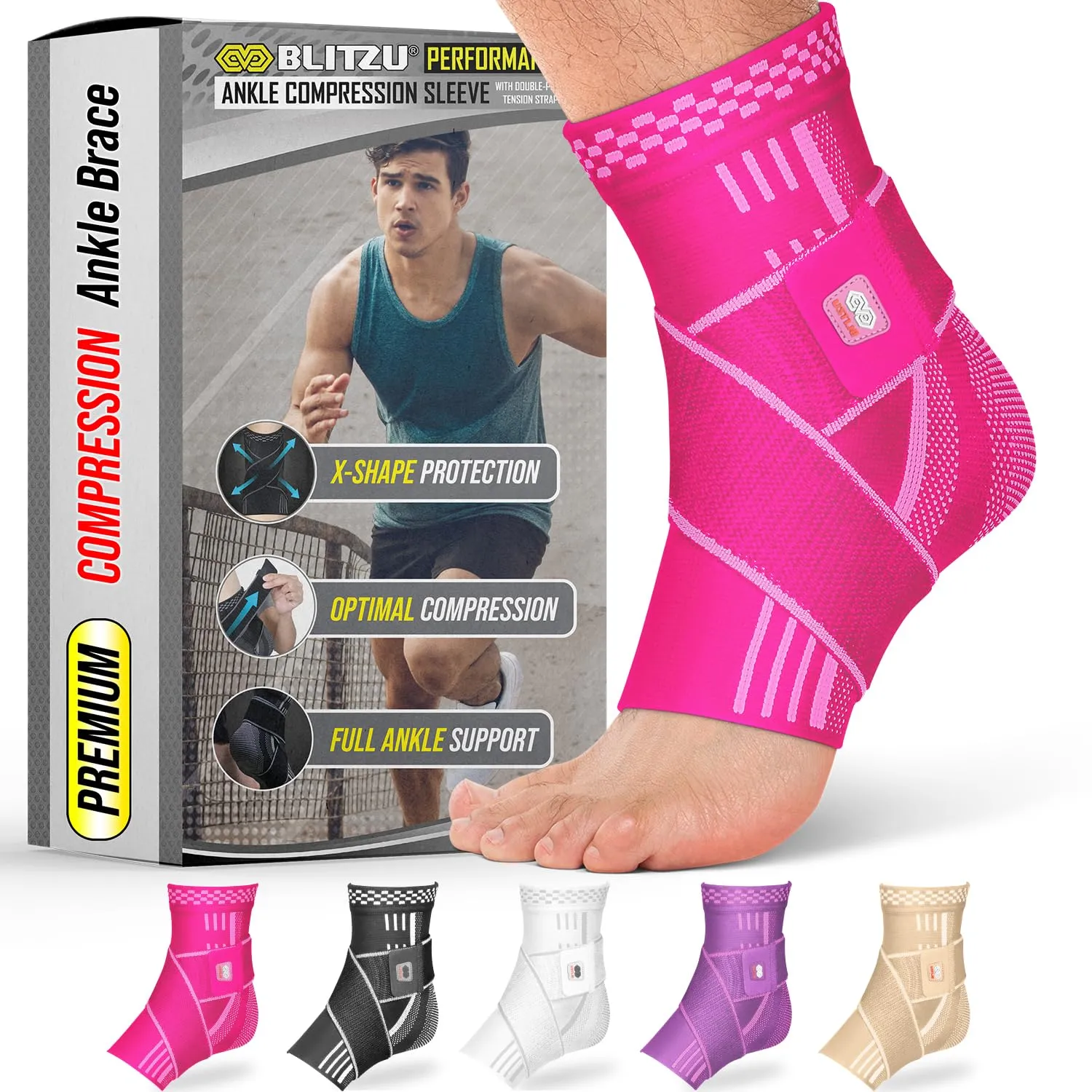BLITZU Ankle Brace for Women, Men, Plantar Fasciitis Relief, Achilles Tendonitis Brace for Sprained Foot, Ankle Compression Sleeve with Strap Pink S