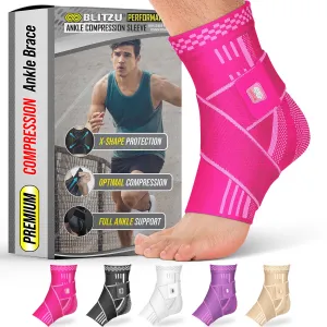 BLITZU Ankle Brace for Women, Men, Plantar Fasciitis Relief, Achilles Tendonitis Brace for Sprained Foot, Ankle Compression Sleeve with Strap Pink S