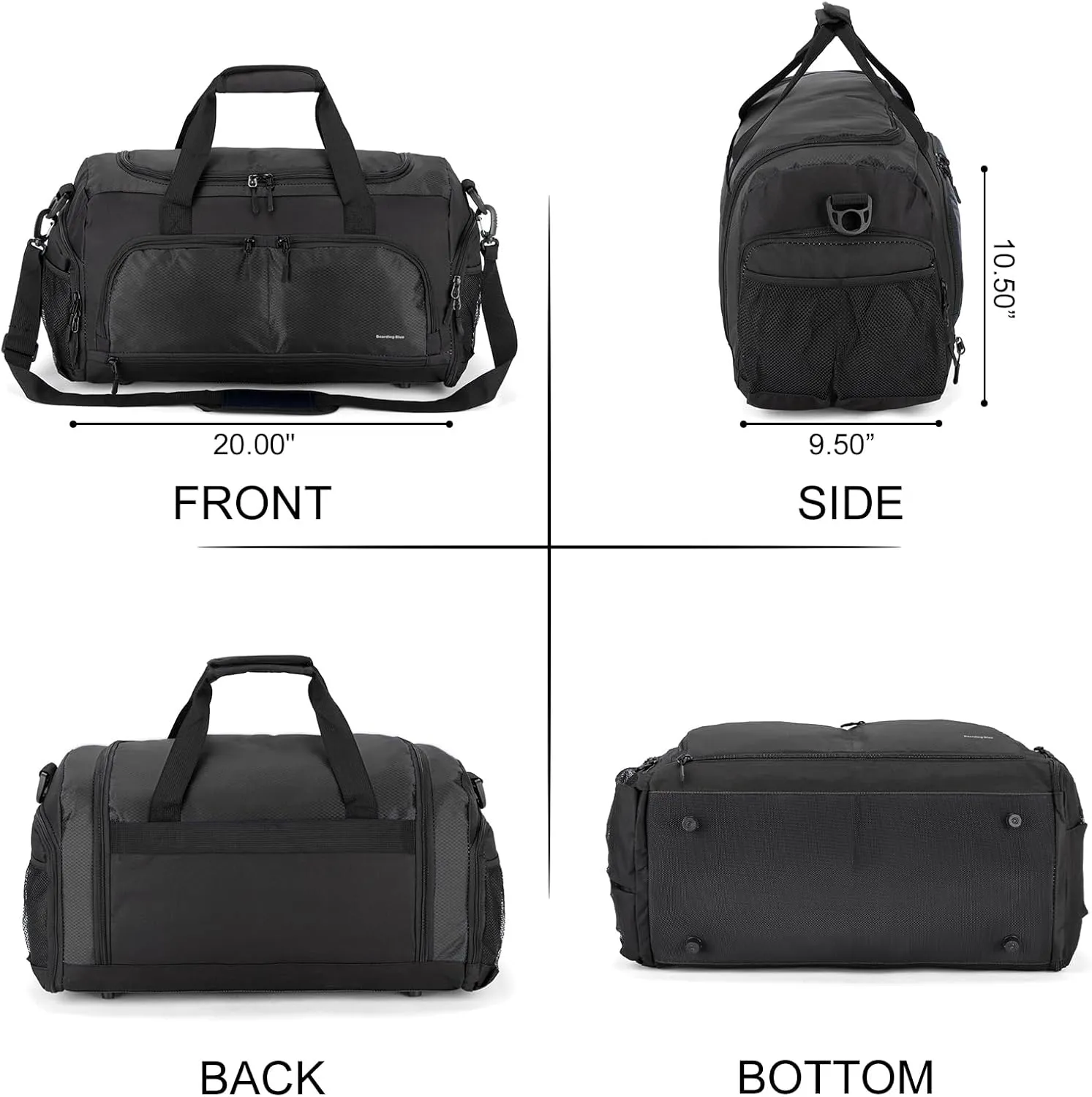 Boarding Blue Gym Travel Bag for Women & Men-20 Inches Lightweight Duffel Bag with Wet Pocket Shoe Compartment Including Water Resistant Pouch (Black)