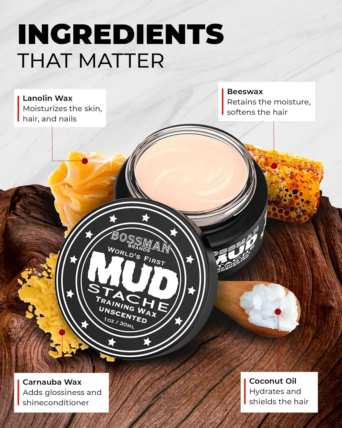 Bossman MUDstache Unscented Mustache Wax for Men (1 oz) – Strong 24-Hour Hold, Non-Tacky & Easy to Apply for Taming & Styling