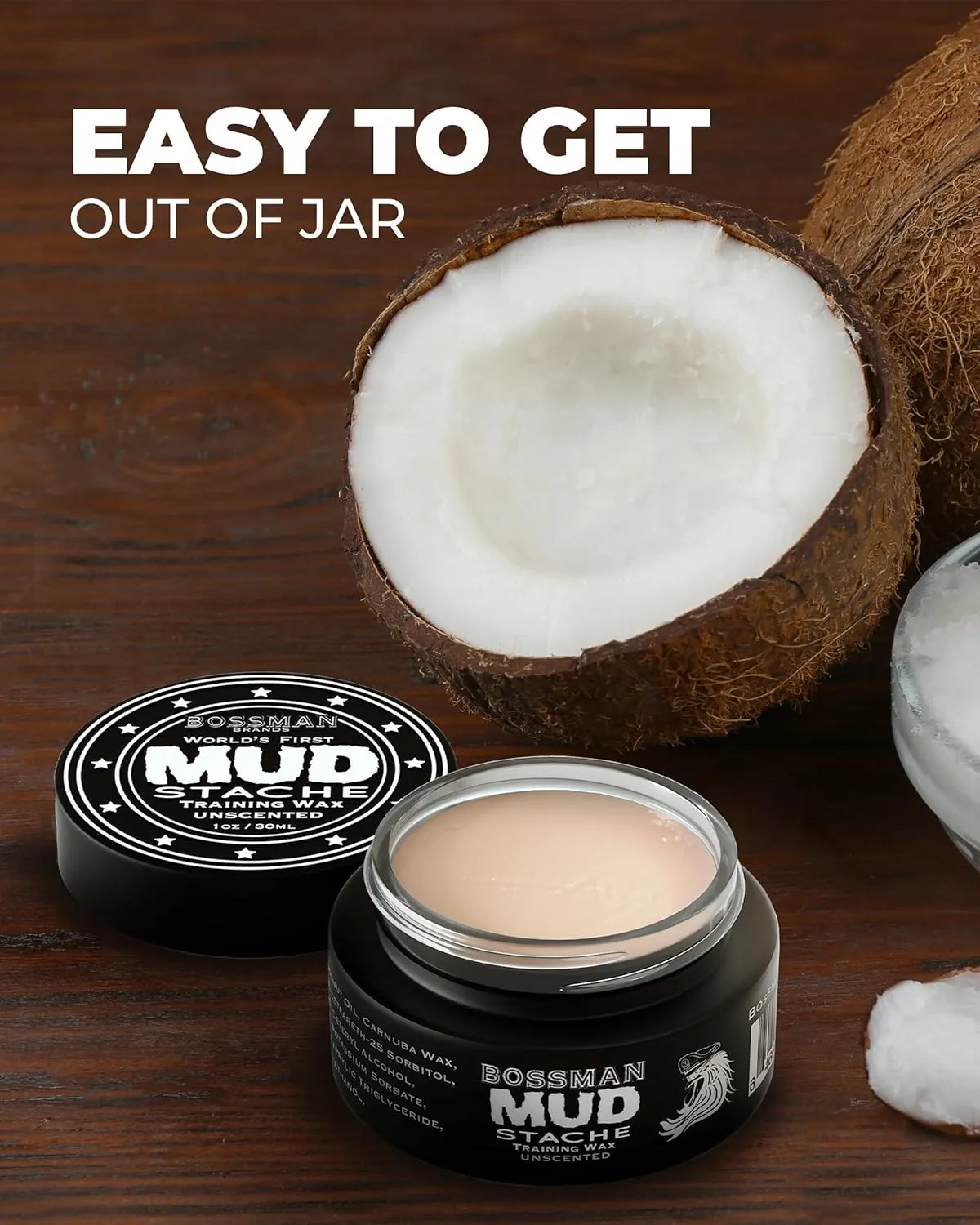 Bossman MUDstache Unscented Mustache Wax for Men (1 oz) – Strong 24-Hour Hold, Non-Tacky & Easy to Apply for Taming & Styling