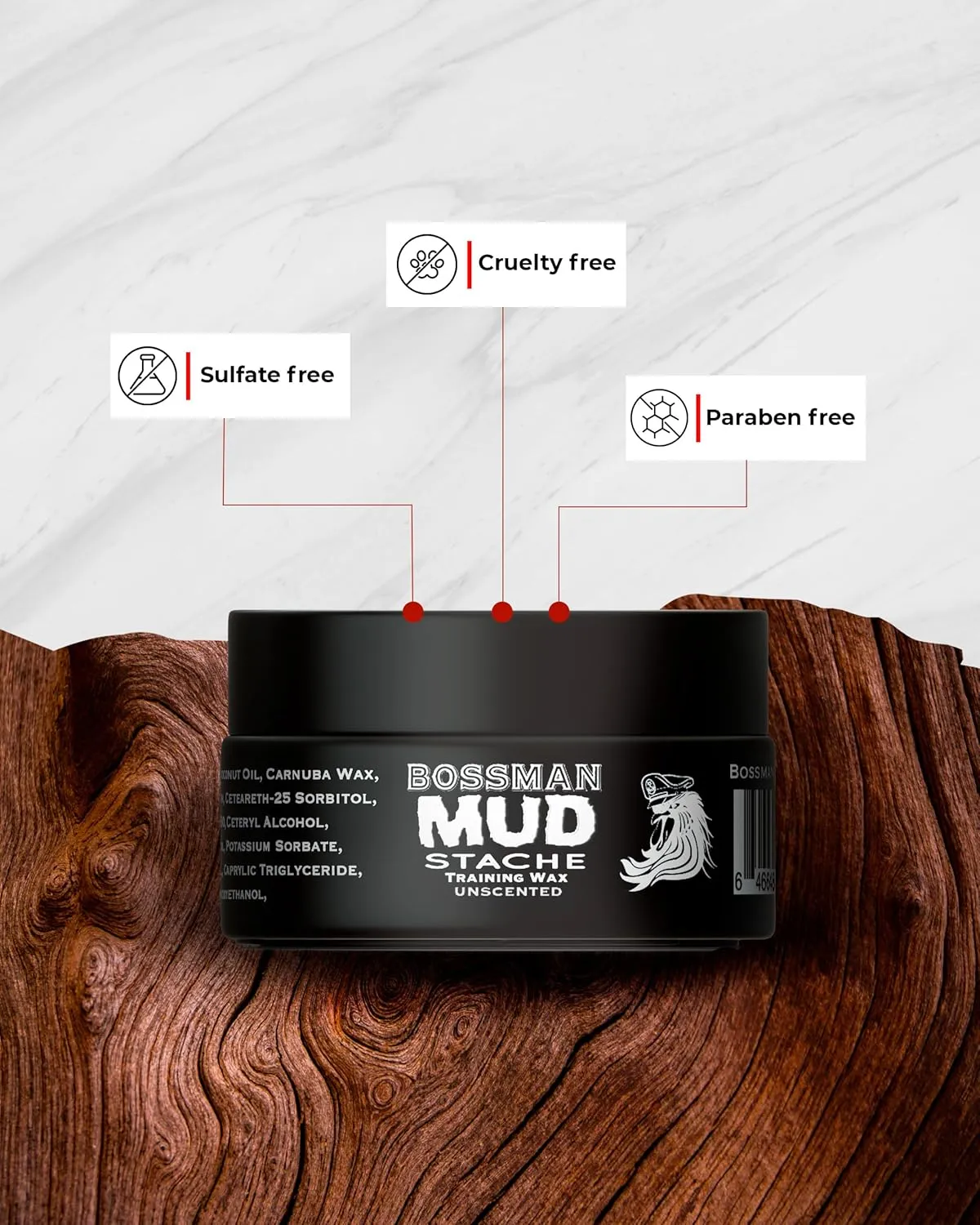 Bossman MUDstache Unscented Mustache Wax for Men (1 oz) – Strong 24-Hour Hold, Non-Tacky & Easy to Apply for Taming & Styling