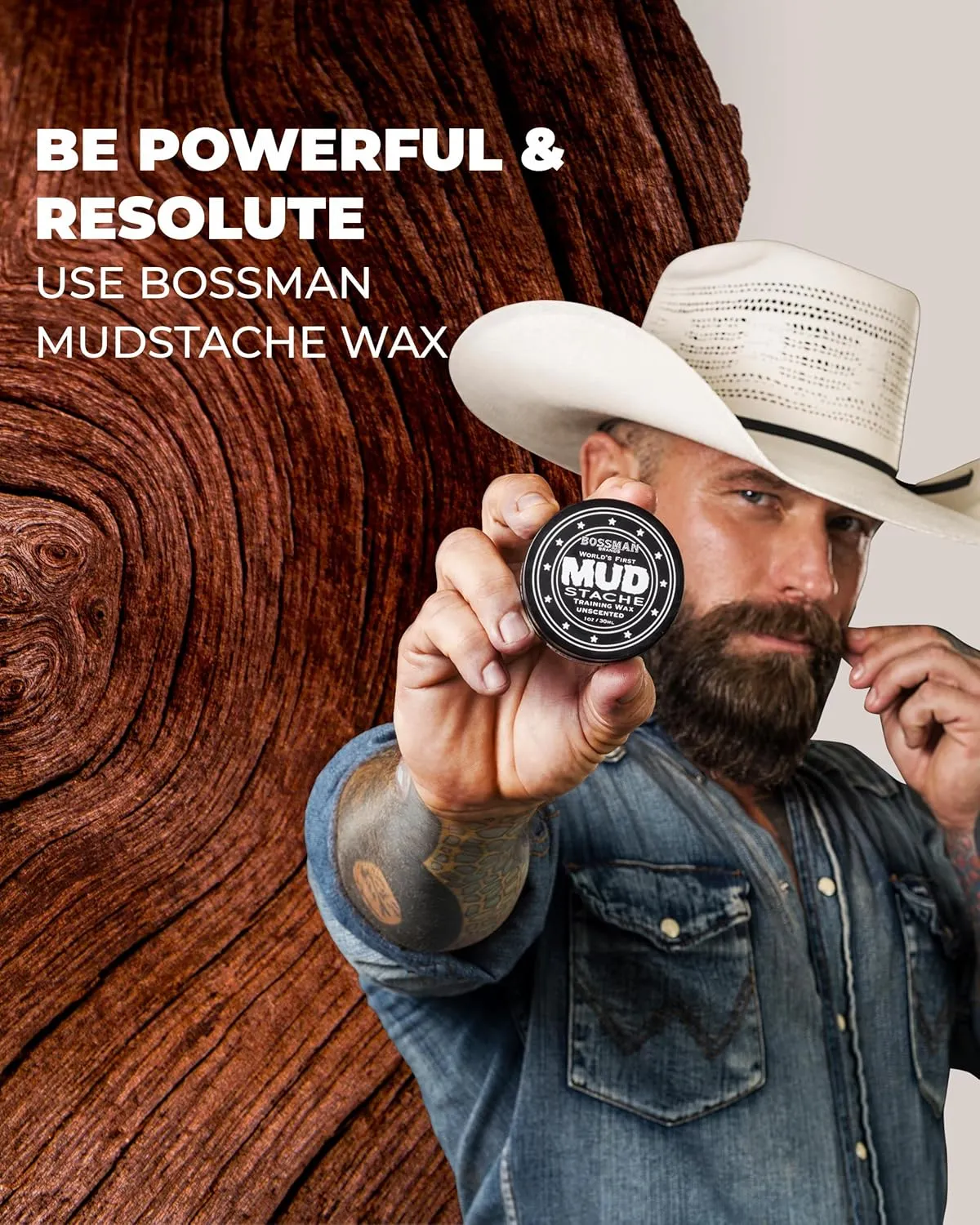 Bossman MUDstache Unscented Mustache Wax for Men (1 oz) – Strong 24-Hour Hold, Non-Tacky & Easy to Apply for Taming & Styling