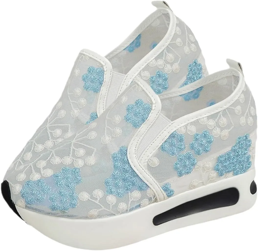 Breathable Mesh Floral Sneakers – Slip-On Platform Wedge Shoes with Arch Support for Walking & Work