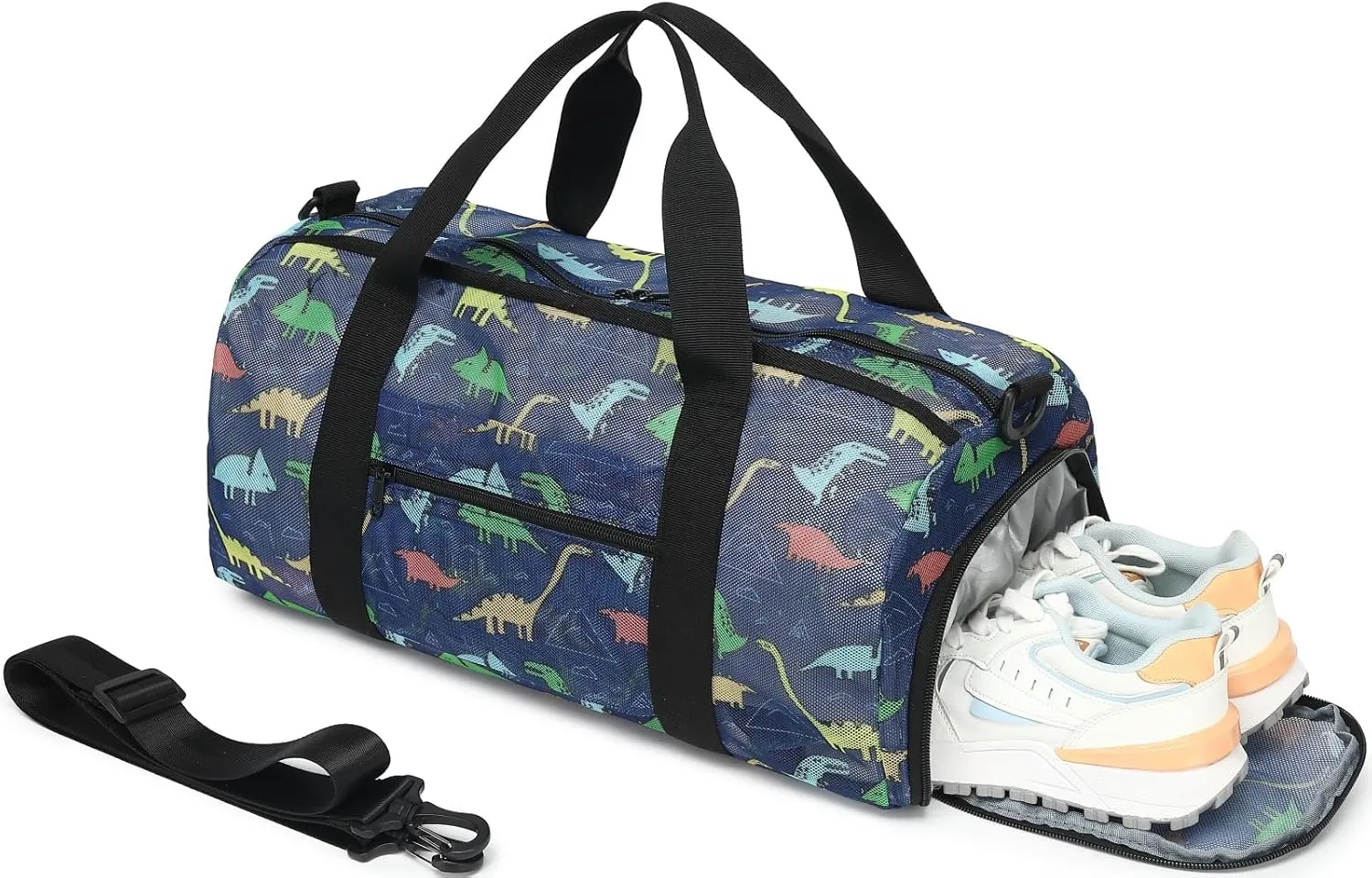 CAMTOP Duffle Bag for Travel Kid Small Overnight Weekender Sleepover Mesh bag Carry On Dance Sport Bag with Shoe & Wet Compartment for Swim Beach Camp Travel (Navy Dinosaur)