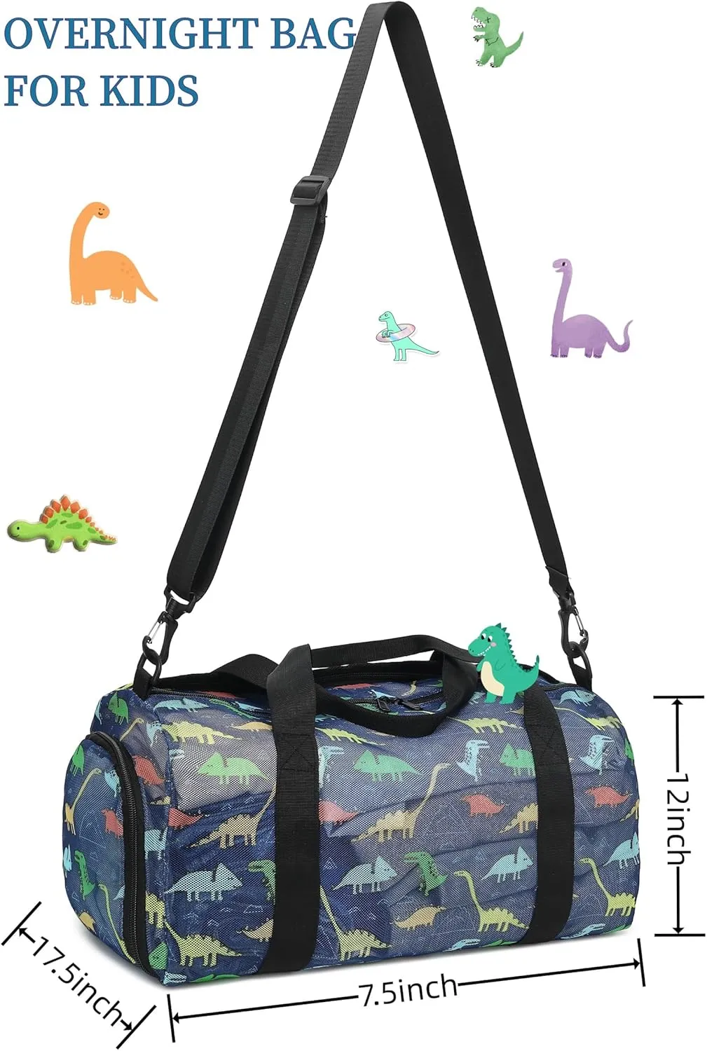 CAMTOP Duffle Bag for Travel Kid Small Overnight Weekender Sleepover Mesh bag Carry On Dance Sport Bag with Shoe & Wet Compartment for Swim Beach Camp Travel (Navy Dinosaur)