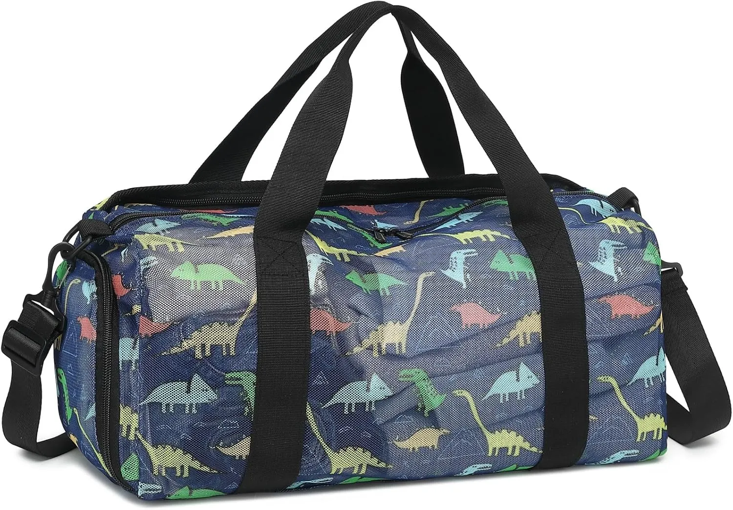 CAMTOP Duffle Bag for Travel Kid Small Overnight Weekender Sleepover Mesh bag Carry On Dance Sport Bag with Shoe & Wet Compartment for Swim Beach Camp Travel (Navy Dinosaur)