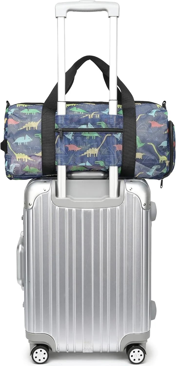 CAMTOP Duffle Bag for Travel Kid Small Overnight Weekender Sleepover Mesh bag Carry On Dance Sport Bag with Shoe & Wet Compartment for Swim Beach Camp Travel (Navy Dinosaur)