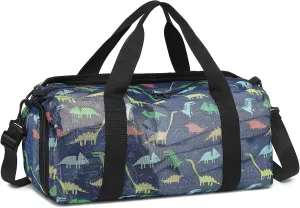 CAMTOP Duffle Bag for Travel Kid Small Overnight Weekender Sleepover Mesh bag Carry On Dance Sport Bag with Shoe & Wet Compartment for Swim Beach Camp Travel (Navy Dinosaur)