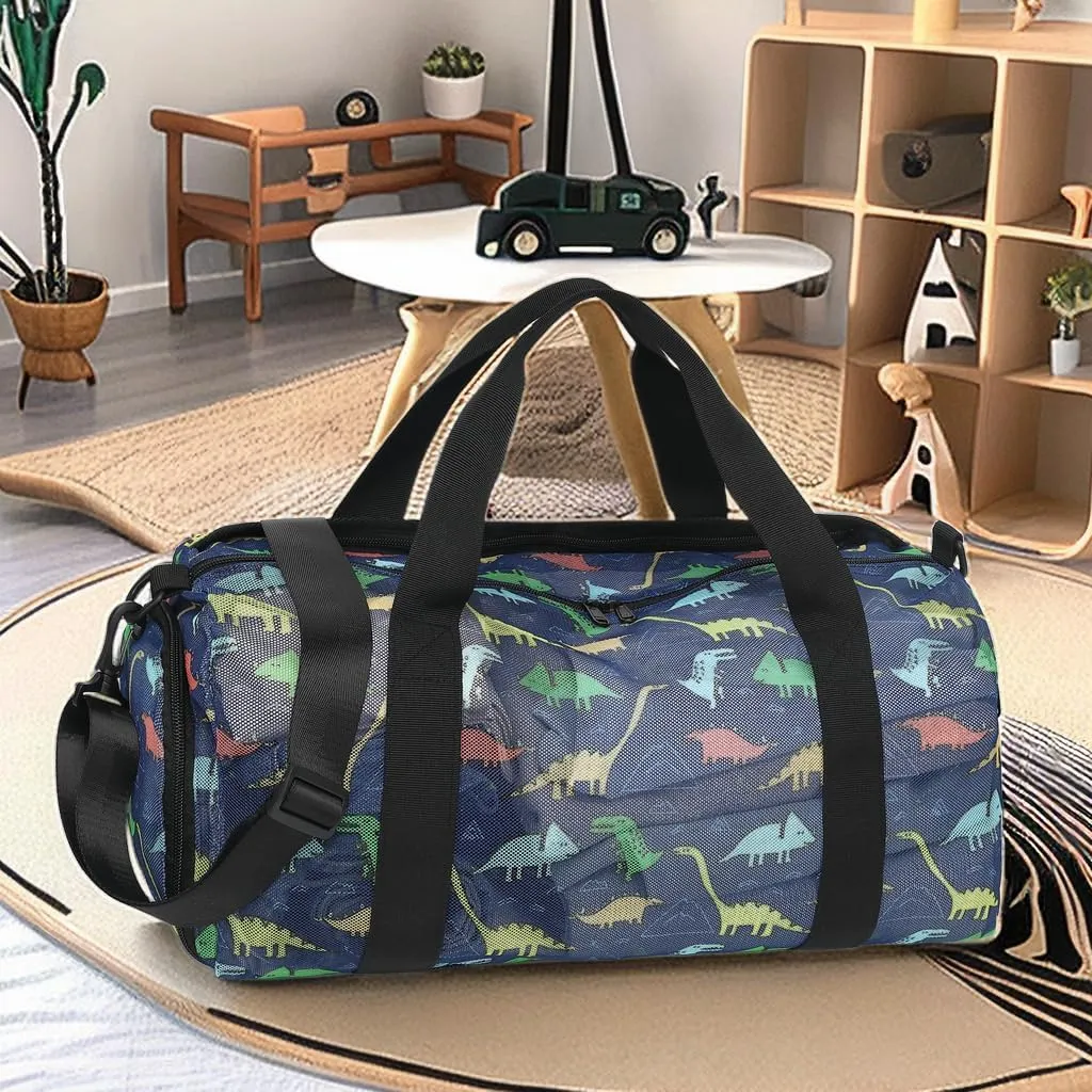 CAMTOP Duffle Bag for Travel Kid Small Overnight Weekender Sleepover Mesh bag Carry On Dance Sport Bag with Shoe & Wet Compartment for Swim Beach Camp Travel (Navy Dinosaur)