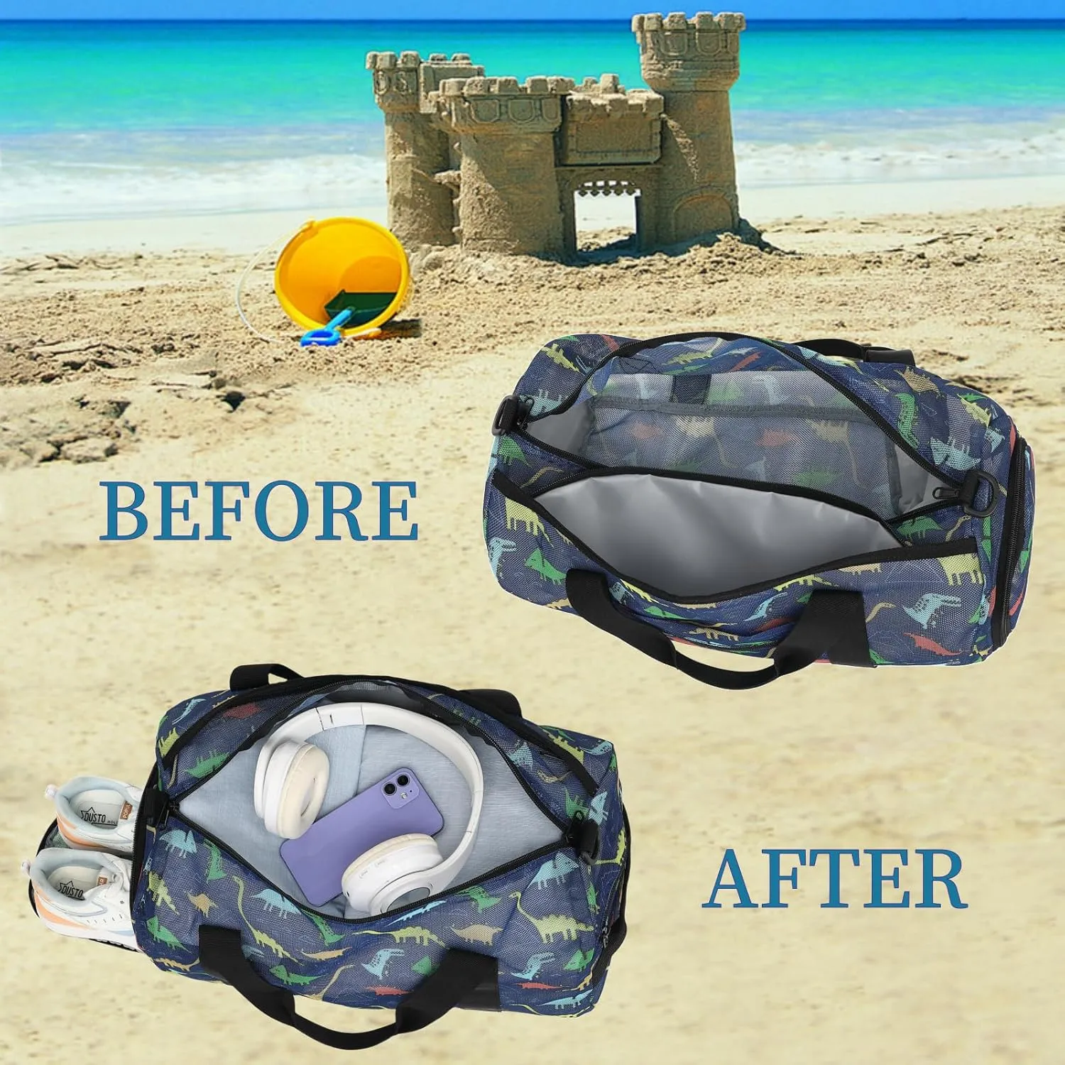 CAMTOP Duffle Bag for Travel Kid Small Overnight Weekender Sleepover Mesh bag Carry On Dance Sport Bag with Shoe & Wet Compartment for Swim Beach Camp Travel (Navy Dinosaur)