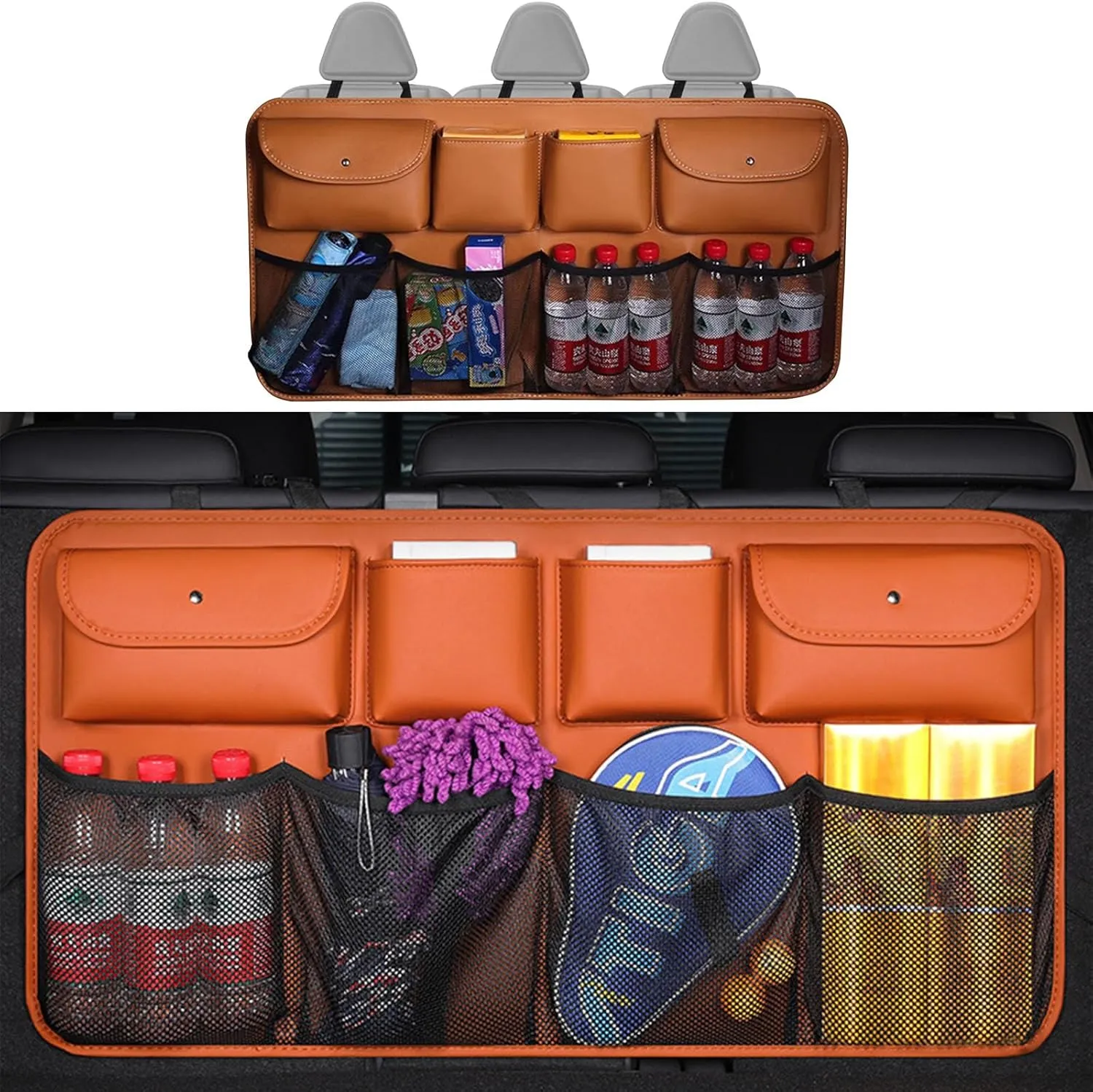Car Boot Organiser, Back Seat Boot Bag, Car Leather Storage Bag with 8 Pockets, Compatible with Volvo Concept Recharge, A4 Orange