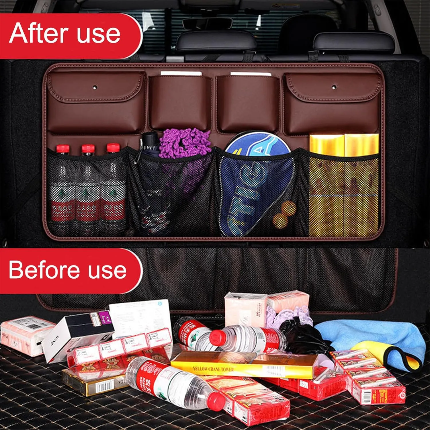Car Boot Organiser, Back Seat Boot Bag, Car Leather Storage Bag with 8 Pockets, Compatible with Volvo Concept Recharge, A4 Orange