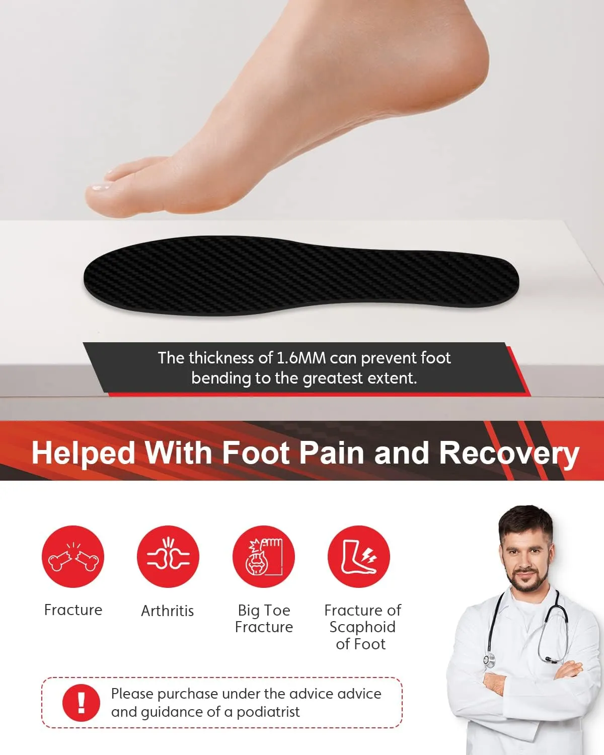 Carbon Fiber Insole Insert for Turf Toe, Hallux rigidus, mortons Toe, Arthritic Toe, 1.6MM Rigid Inserts Carbon Fiber Foot Plate Prevent Bending and Pain - 265mm