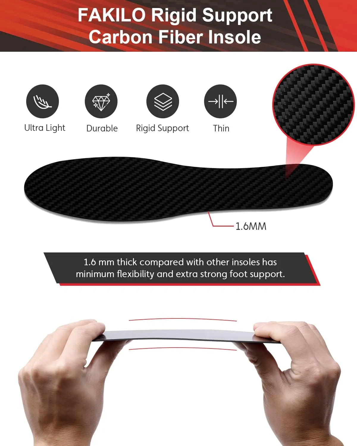 Carbon Fiber Insole Insert for Turf Toe, Hallux rigidus, mortons Toe, Arthritic Toe, 1.6MM Rigid Inserts Carbon Fiber Foot Plate Prevent Bending and Pain - 265mm