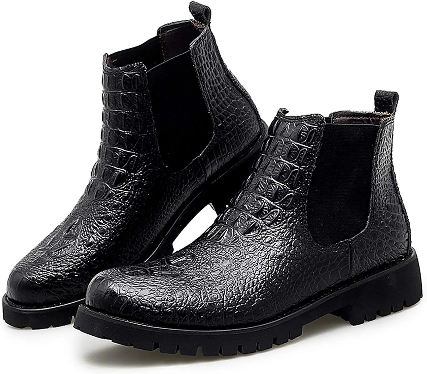 Chelsea Boots for Men Elastic Gussets On The Sides Block Heel High Top Pull Tap Synthetic Leather Rubber Sole Round Toe Crocodile Embossed