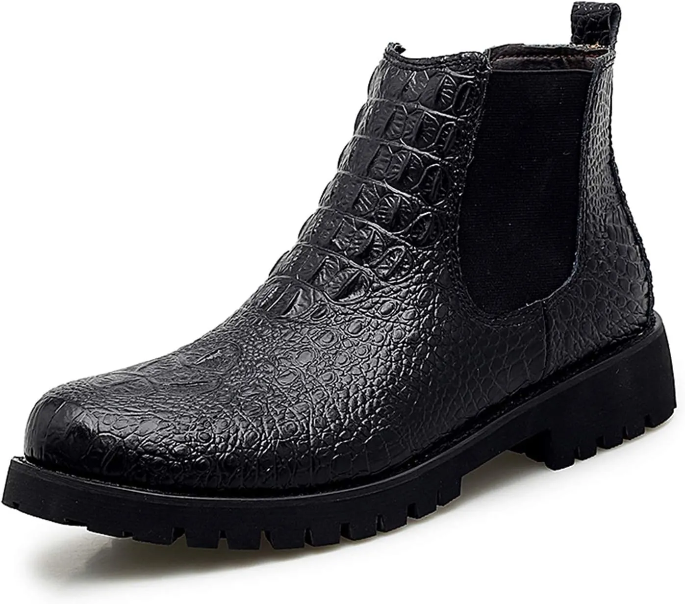 Chelsea Boots for Men Elastic Gussets On The Sides Block Heel High Top Pull Tap Synthetic Leather Rubber Sole Round Toe Crocodile Embossed
