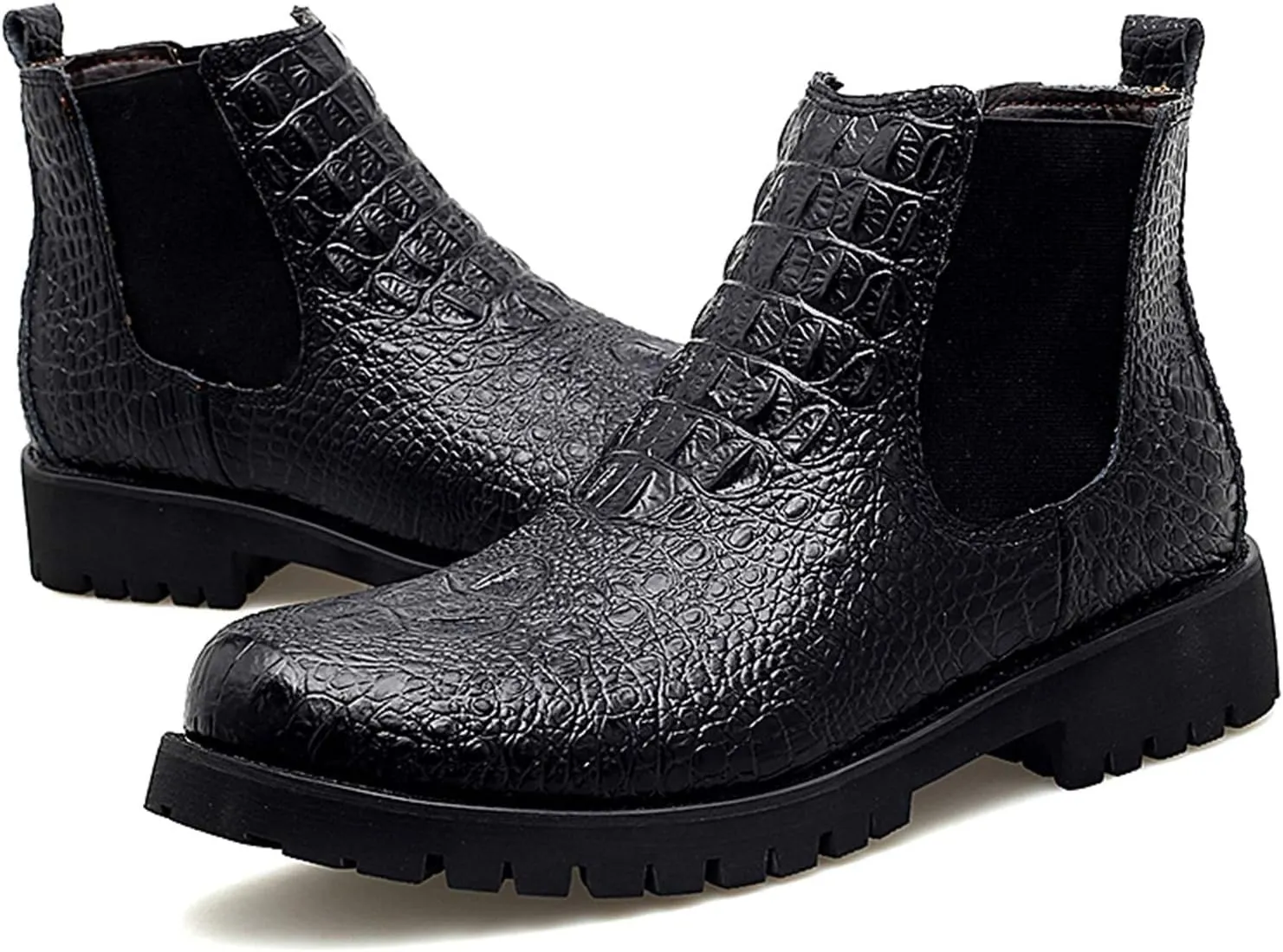 Chelsea Boots for Men Elastic Gussets On The Sides Block Heel High Top Pull Tap Synthetic Leather Rubber Sole Round Toe Crocodile Embossed