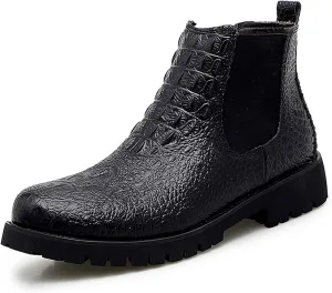 Chelsea Boots for Men Elastic Gussets On The Sides Block Heel High Top Pull Tap Synthetic Leather Rubber Sole Round Toe Crocodile Embossed