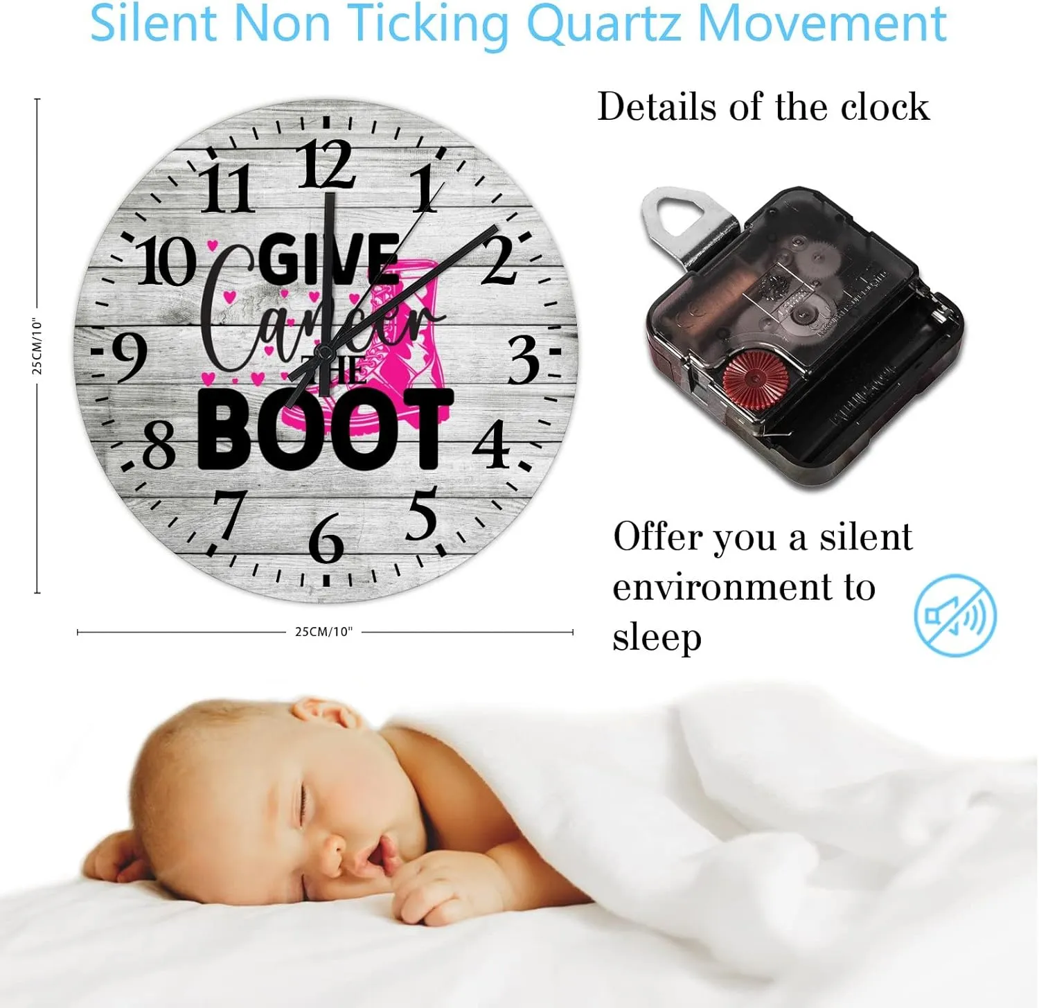 Clocks Breast Cancer Give Cancer The Boot Bed Room Asserories Quartz Movement Arabic Numeral Breast Cancer Awareness Pink Round Clock for Living Room Bedroom Office Kitchen School 10 Inch