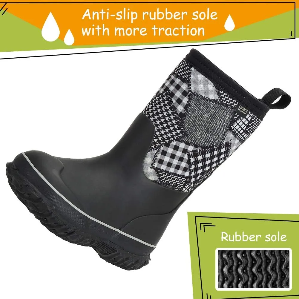 CNSBOR Kids Waterproof Insulated Rubber Neoprene Rain Boots with Easy on Rainboot for Youth