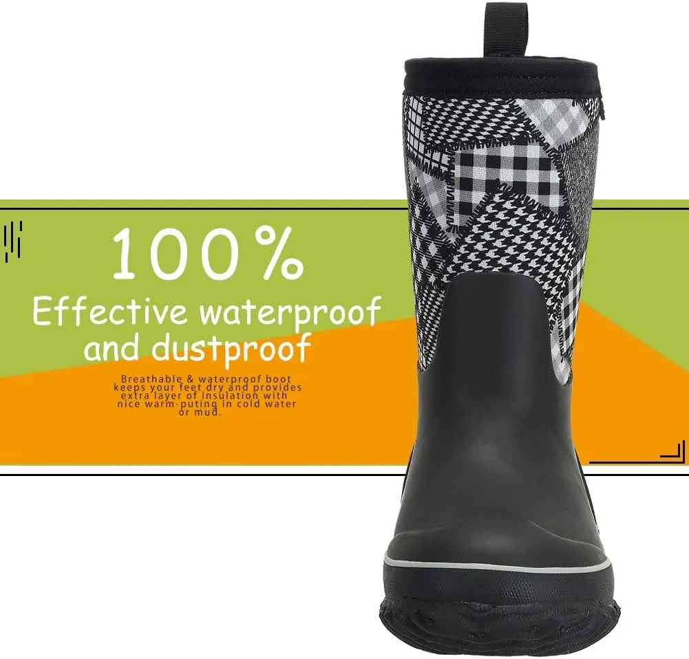 CNSBOR Kids Waterproof Insulated Rubber Neoprene Rain Boots with Easy on Rainboot for Youth